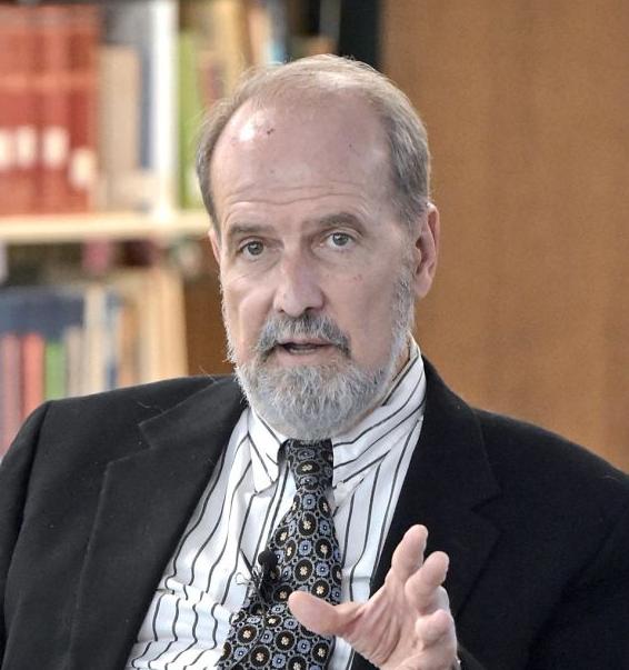 Professor Lee Barrett speaks during a seminar at the Lancaster Theological Seminary's Schaff Library.
